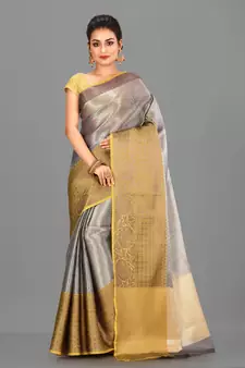 Grey Banarasi Brocade Art Silk Saree With Blouse