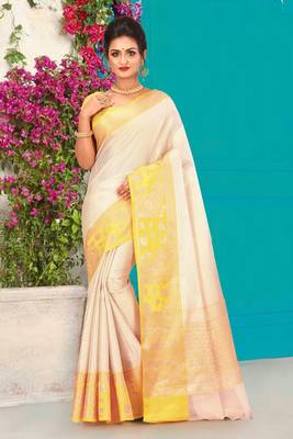 Off White Banarasi Brocade Art Silk Saree With Blouse 1