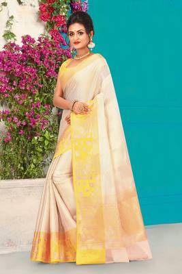 Off White Banarasi Brocade Art Silk Saree With Blouse 2
