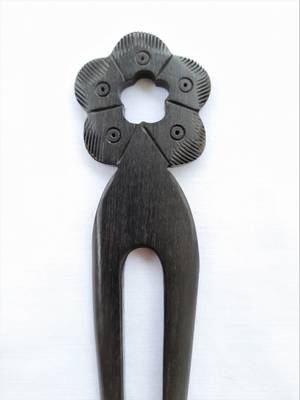 Hand carved Flower Design Ebony Wood Black hair fork 4