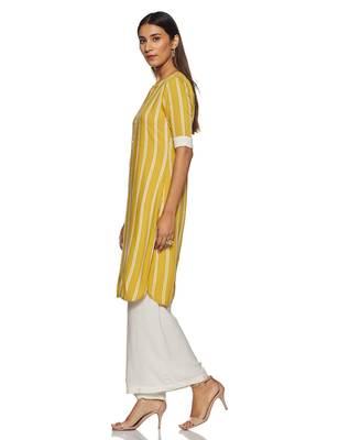 Yellow printed rayon long-kurtis 3