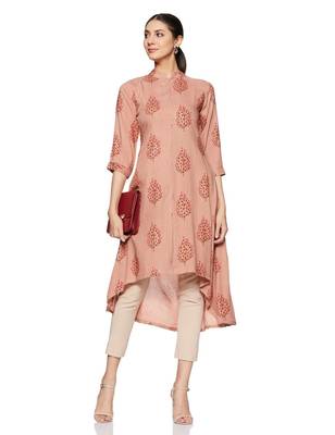 Peach printed rayon long-kurtis 1