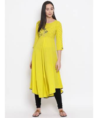 Yellow Printed A-line Kurta 1