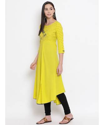 Yellow Printed A-line Kurta 2