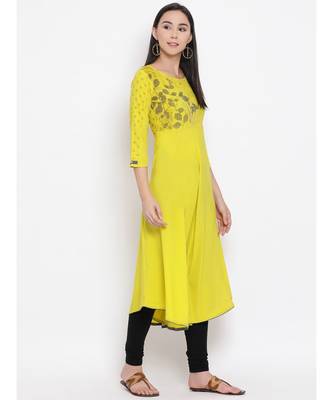 Yellow Printed A-line Kurta 3