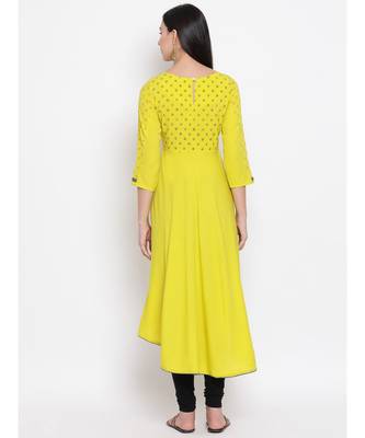 Yellow Printed A-line Kurta 4