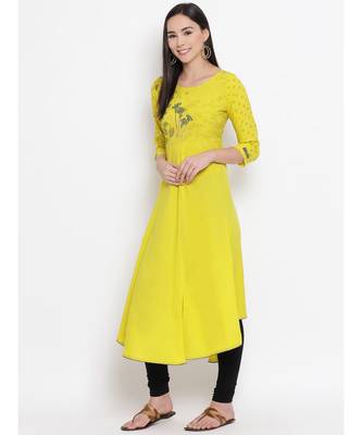 Yellow Printed A-line Kurta 5