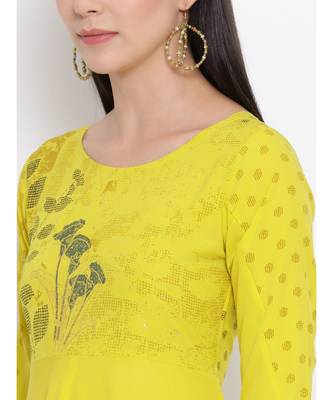 Yellow Printed A-line Kurta 6