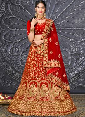 Red Velvet Embroidery Designer Wedding Lehenga 1