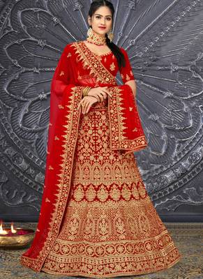 Red Velvet Embroidery Designer Wedding Lehenga 1