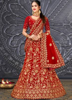 Red Velvet Embroidery Designer Wedding Lehenga 1