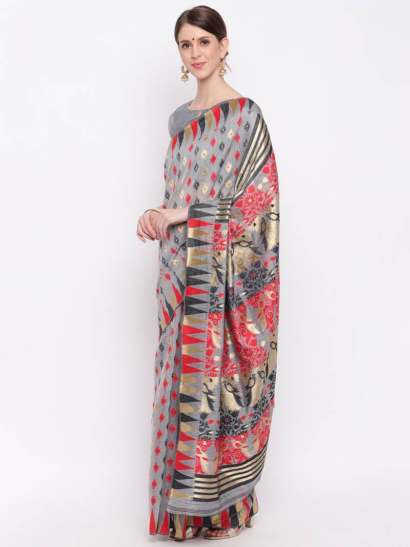 Grey Printed Cotton Blend Sarees With Unstitched Blouse Piece