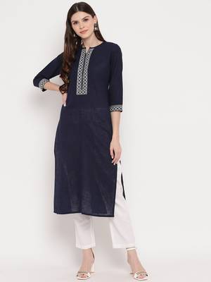 Women'S Solid Straight Cotton Navy Blue Kurti 1