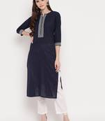 Women'S Solid Straight Cotton Navy Blue Kurti
