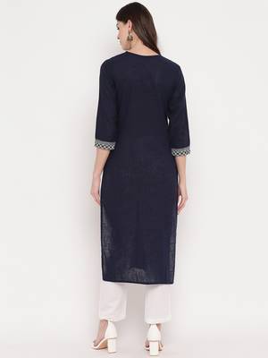 Women'S Solid Straight Cotton Navy Blue Kurti 2