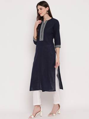 Women'S Solid Straight Cotton Navy Blue Kurti 3