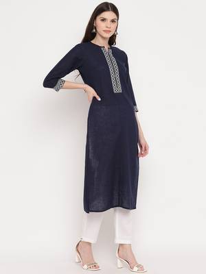 Women'S Solid Straight Cotton Navy Blue Kurti 4