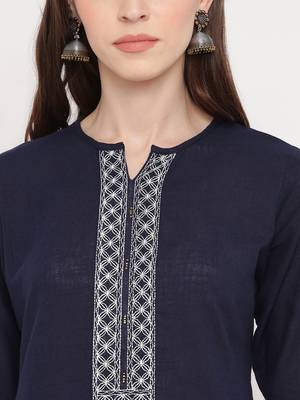 Women'S Solid Straight Cotton Navy Blue Kurti 5