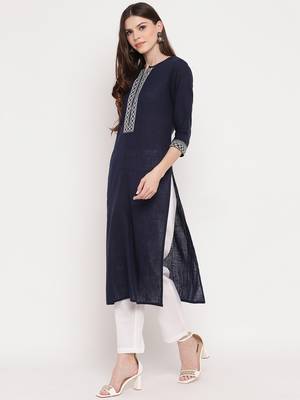 Women'S Solid Straight Cotton Navy Blue Kurti 6