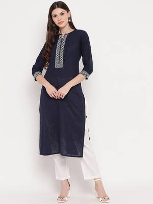 Women'S Solid Straight Cotton Navy Blue Kurti 7