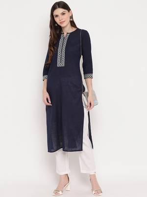 Women'S Solid Straight Cotton Navy Blue Kurti 8
