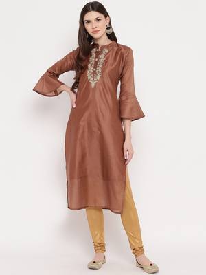 Women's Mashion Embroidered Straight Chanderi Brown Kurti 1