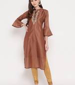 Women's Mashion Embroidered Straight Chanderi Brown Kurti