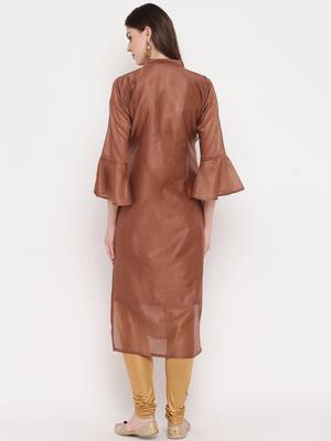 Women's Mashion Embroidered Straight Chanderi Brown Kurti 2
