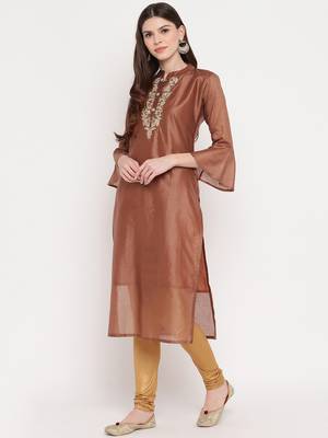 Women's Mashion Embroidered Straight Chanderi Brown Kurti 3