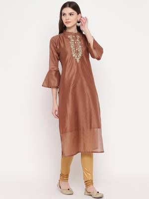 Women's Mashion Embroidered Straight Chanderi Brown Kurti 4