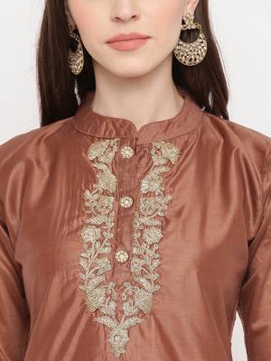Women's Mashion Embroidered Straight Chanderi Brown Kurti 5