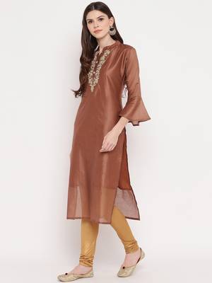 Women's Mashion Embroidered Straight Chanderi Brown Kurti 6