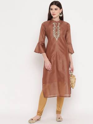 Women's Mashion Embroidered Straight Chanderi Brown Kurti 7