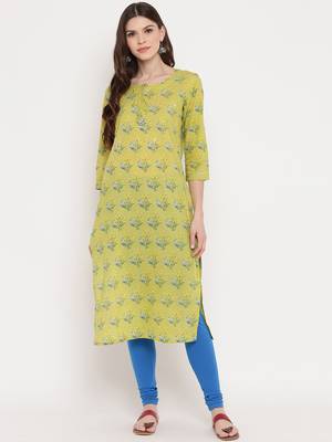 Women'S Floral Print & Mirror Work Straight Cotton Parrot Green Kurti 1