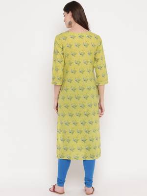 Women'S Floral Print & Mirror Work Straight Cotton Parrot Green Kurti 2