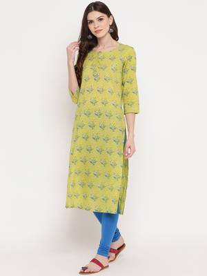 Women'S Floral Print & Mirror Work Straight Cotton Parrot Green Kurti 3
