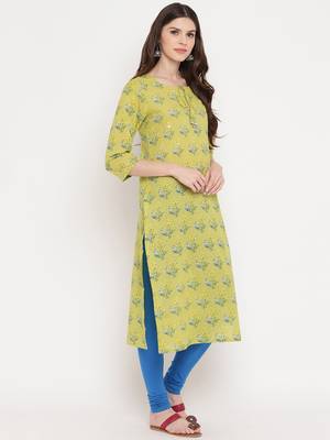 Women'S Floral Print & Mirror Work Straight Cotton Parrot Green Kurti 4