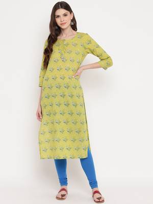 Women'S Floral Print & Mirror Work Straight Cotton Parrot Green Kurti 6