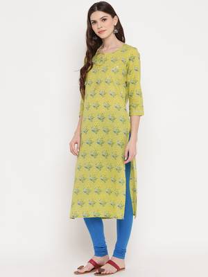 Women'S Floral Print & Mirror Work Straight Cotton Parrot Green Kurti 7