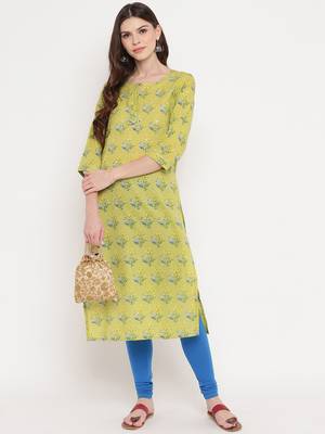 Women'S Floral Print & Mirror Work Straight Cotton Parrot Green Kurti 8