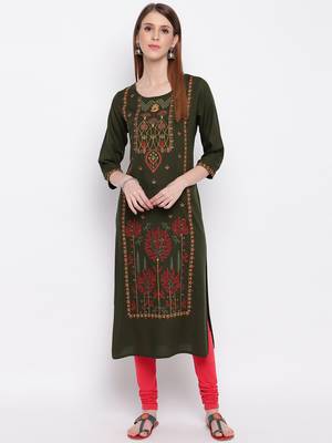 Women's Mashion Embroidered Straight Rayon Green Kurti 1