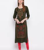 Women's Mashion Embroidered Straight Rayon Green Kurti