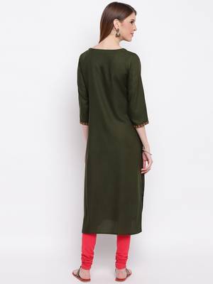 Women's Mashion Embroidered Straight Rayon Green Kurti 2