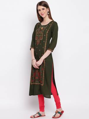 Women's Mashion Embroidered Straight Rayon Green Kurti 3