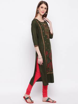 Women's Mashion Embroidered Straight Rayon Green Kurti 4