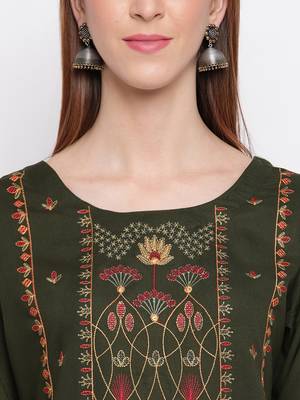 Women's Mashion Embroidered Straight Rayon Green Kurti 5