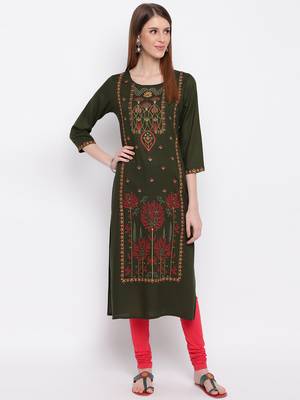 Women's Mashion Embroidered Straight Rayon Green Kurti 6
