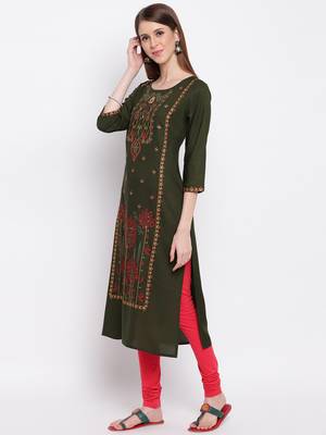 Women's Mashion Embroidered Straight Rayon Green Kurti 7