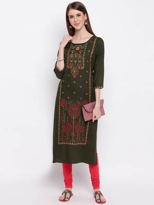 Women's Mashion Embroidered Straight Rayon Green Kurti 8