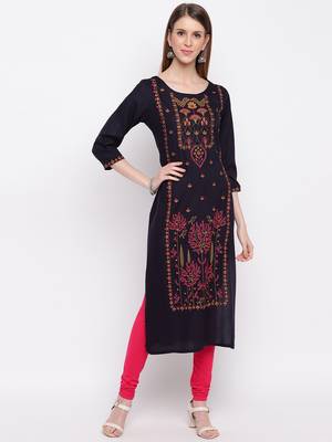 Women's Mashion Embroidered Straight Rayon Navy Blue Kurti 1